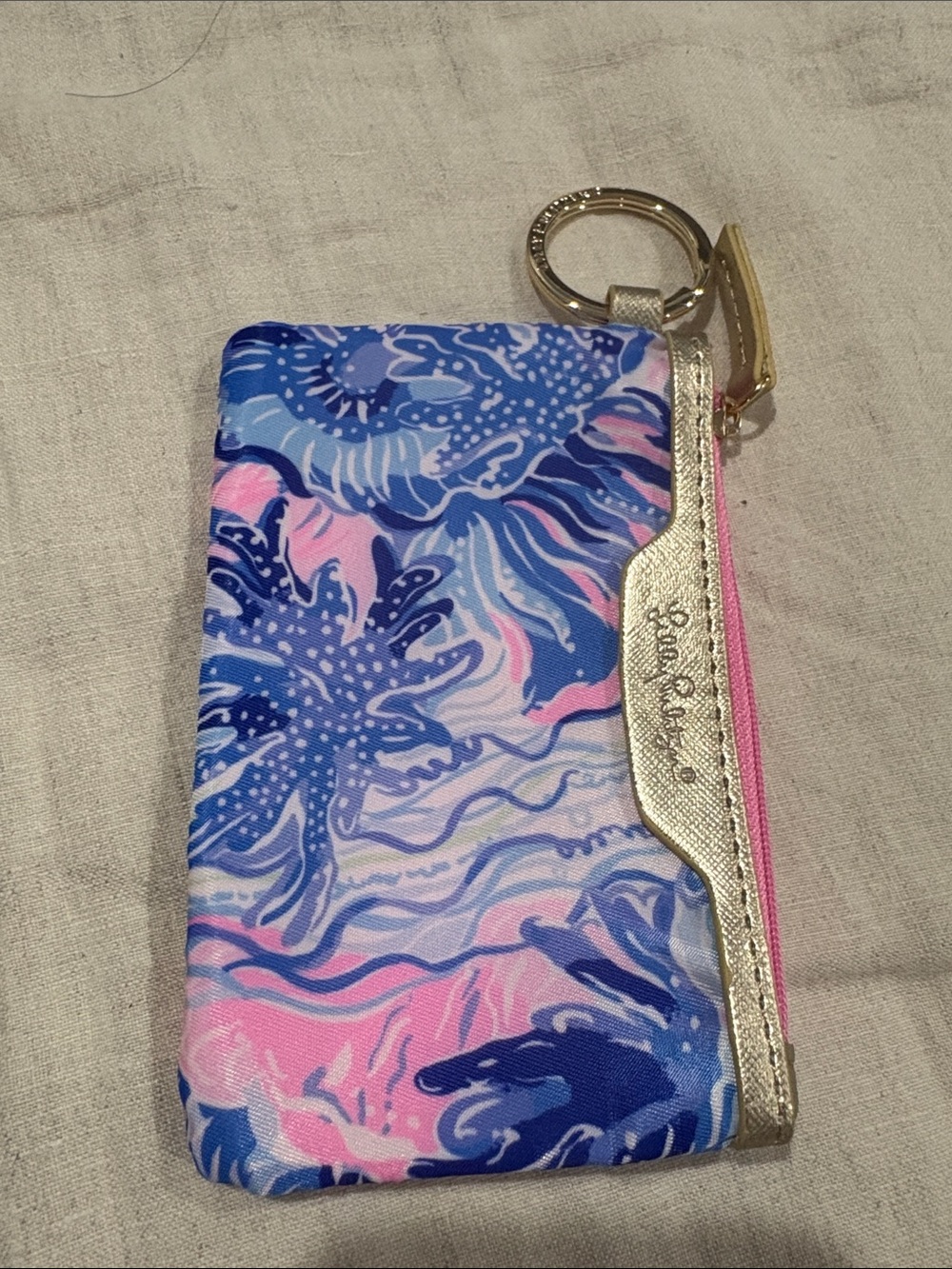 Lilly Pulitzer Blue and Pink Floral ID CASE Wallet with Gold Trim